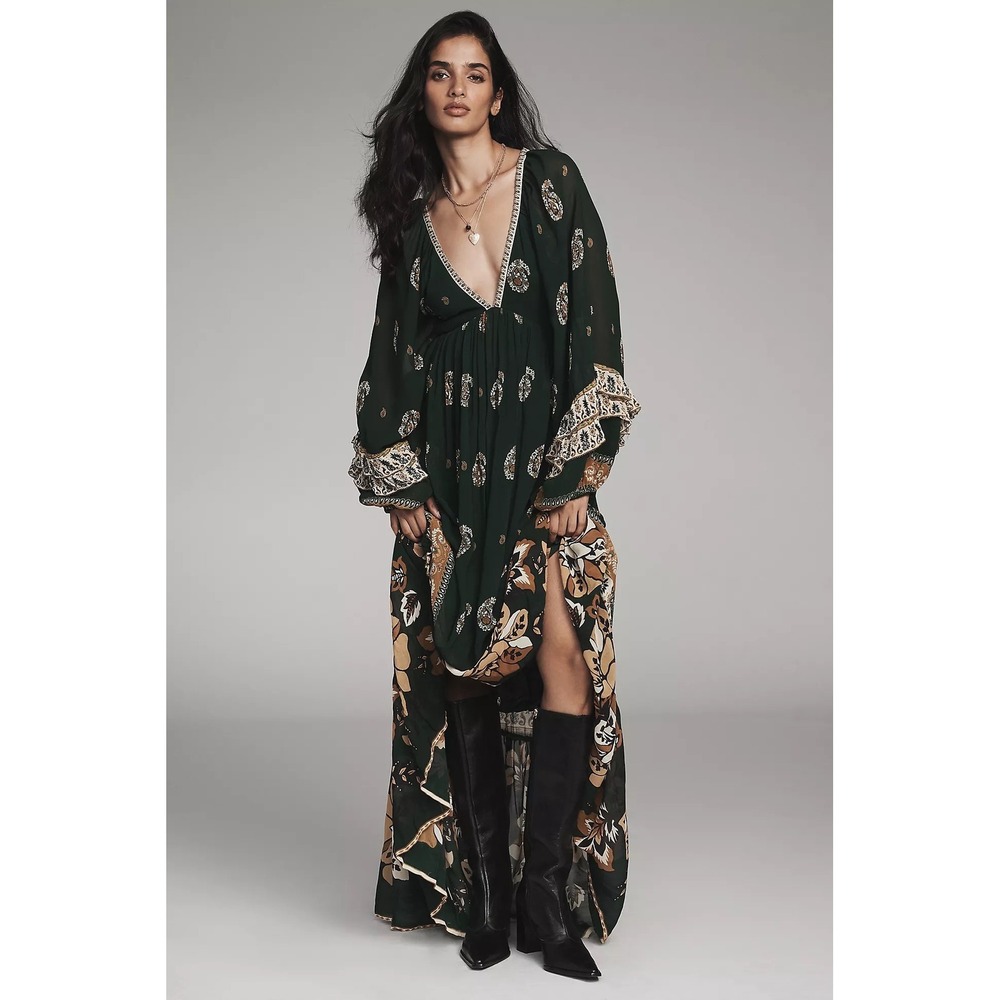 Anthropologie Farm Rio Ayla Long-Sleeve V-Neck Maxi Dress Green Paisley‎ XS New